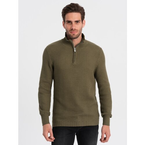 Ombre Men's knitted sweater with spread collar - olive Slike