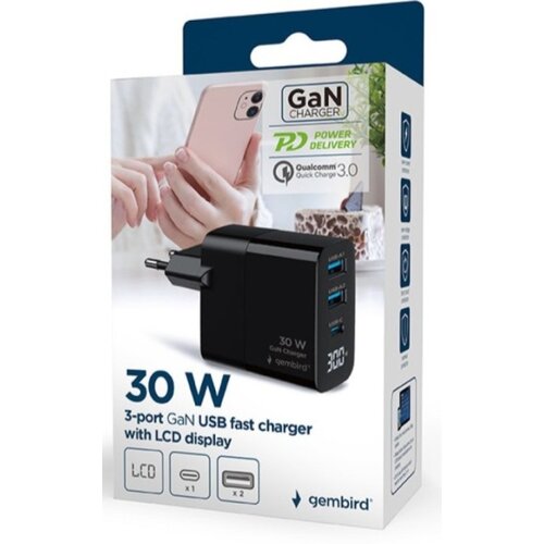 Gembird ta-uc-pdqc30lcd-bk-02 gan usb brzi punjac, 30w 3-port (2xusb-a+ usb-c), lcd, black Cene