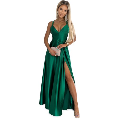 Numoco Elegant long satin dress with a neckline and crossed straps Slike
