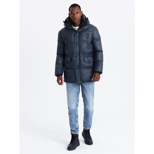 Ombre Men&amp;#039;s long puffer jacket with snap pockets - navy blue Slike