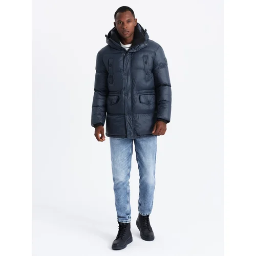 Ombre Men's long puffer jacket with snap pockets - navy blue