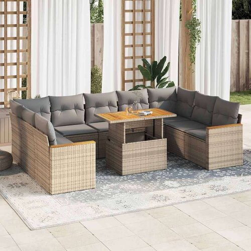 VidaXL 10-dijelni set vrtnih sofa s jastucima bež od poliratana bagrem Slike