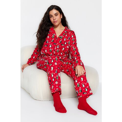 Trendyol Curve Red Patterned Knitted Pajamas Set Slike