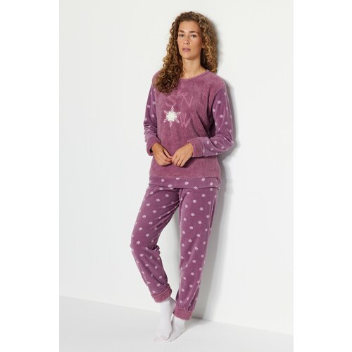 Trendyol Dried Rose Wellsoft Slogan Knitted Pajamas Set Slike