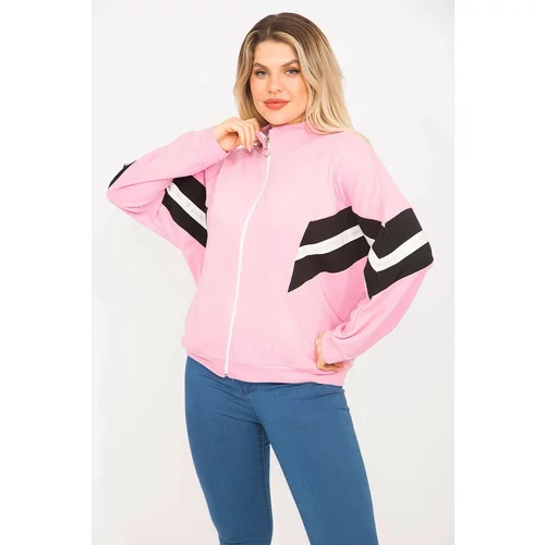 Şans Women's Plus Size Pink 2 Thread Fabric Front Zipper And Stripe Detailed Sweatshirt