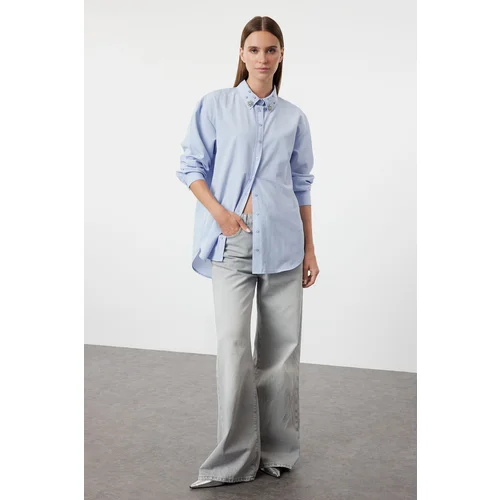 Trendyol Blue Collar Stone Detailed Oversize Wide Fit Woven Shirt