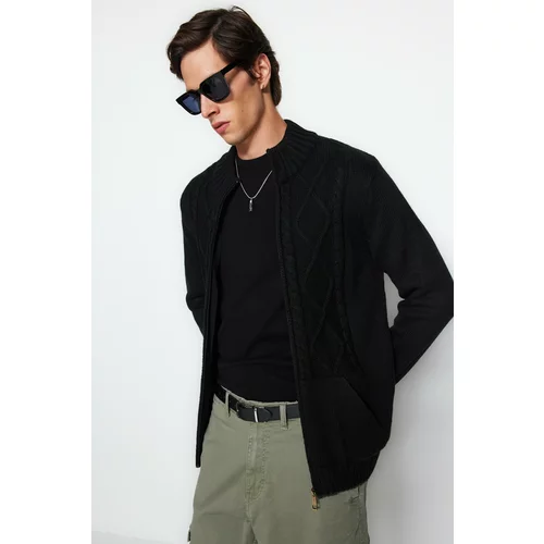 Trendyol Black Men's Slim Fit Knitted Detail Zippered Pocket Knitwear Cardigan
