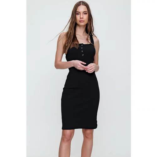 Trend Alaçatı Stili Women's Black Front Buttoned Strap Corduroy Dress
