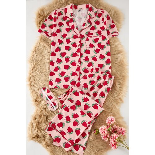 Trendyol Curve Pink Strawberry Patterned Piping Detailed Sleep Band Knitted Pajama Set Cene