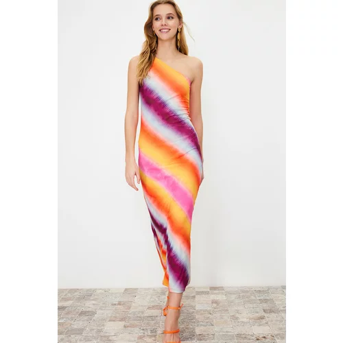 Trendyol Multi Color Printed Fitted Asymmetrical Neck Stretch Knitted Maxi Dress