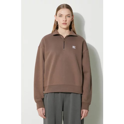 Adidas Pulover Essentials Halfzip Sweatshirt ženski, rjava barva, IR5938
