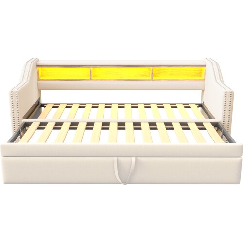 Lumor Vlečna postelja 90/180x190 cm v lanu - Z LED in USB - Z lesenimi letvicami - Bež, (22155899) Cene