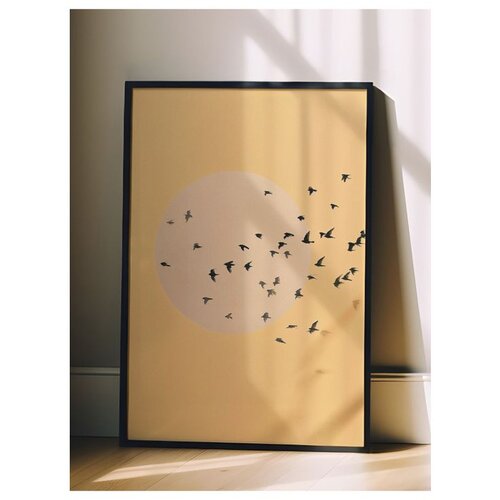 Wallxpert uramljena slika 115224, jato ptica ispred svetlog sunca na oker pozadini, 50 x 70 cm, crni ram Slike