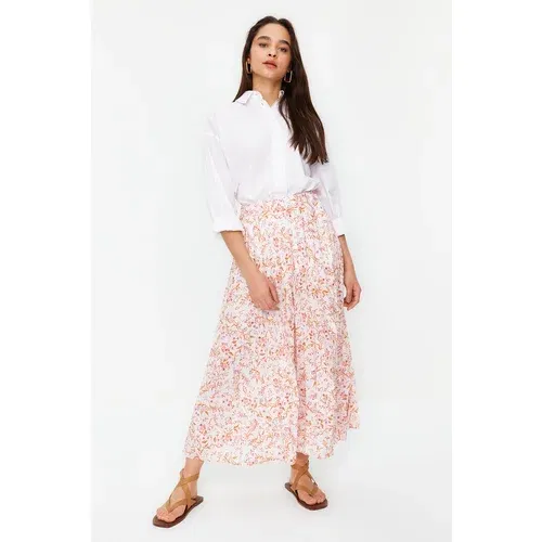 Trendyol Ecru Floral Pattern Pleated Woven Skirt with Elastic Waist