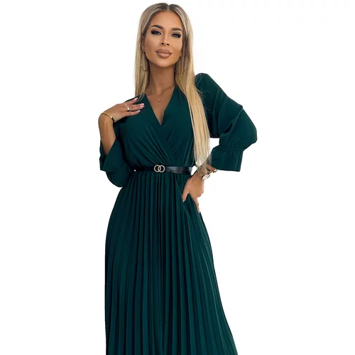 NUMOCO Pleated maxi dress with neckline, belt and 3/4 sleeves