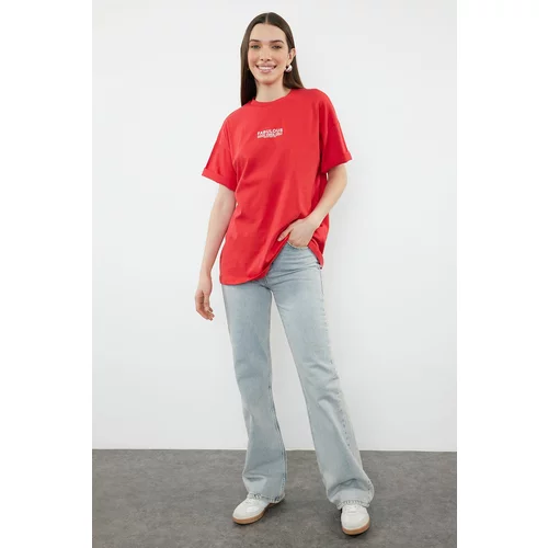 Trendyol Red 100% Cotton Back and Front Printed Oversize/Wide Cut Knitted T-Shirt