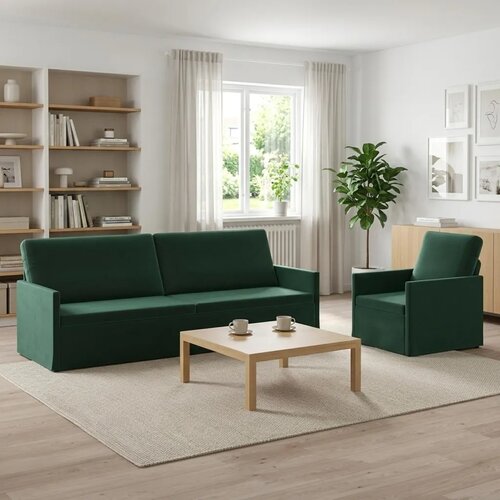  Set sofe 2 pcs Tamnozelena Baršun - Tamnozelena 1-Sjedalo + 3-Sjedalo (210 cm) Cene