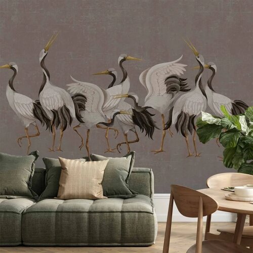  Foto tapeta - Crane dance – bright silhouettes of birds against a warm grey background with texture 343x256 Samoljepljiva Cene