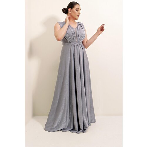 By Saygı Front Pleated Lined Glittery Long Dress Slike