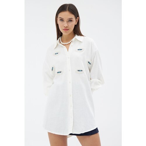 Laluvia Ecru Evil Eye Beaded Shirt Slike