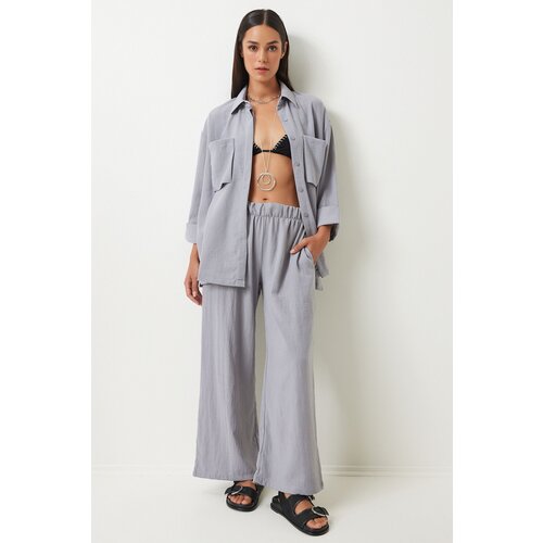 Happiness İstanbul Women's Gray Wide Pocket Linen Blend Shirt and Trousers Set Cene