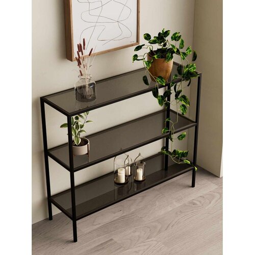Hanah home trospratna metalna konzola sa staklenim policama 100 &amp;times; 85 &amp;times; 30 cm, crni ram, dimljeno staklo Slike