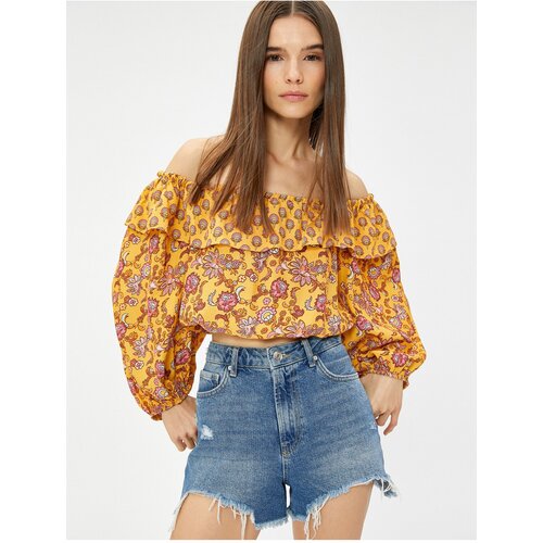 Koton Ethnic Patterned Crop Blouse Open Shoulder Frilly Slike