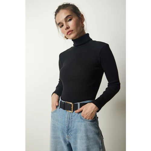  Women's Black Turtleneck Ribbed Knitted Blouse