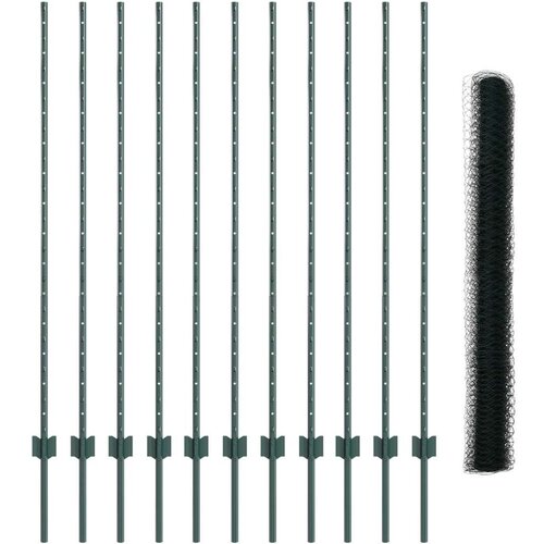 vidaXL Ograjni stebri 11 kos U-kanal zelena 140 cm jeklo, Šesterokotna ograja zelena 1,4x25 m jeklo Cene