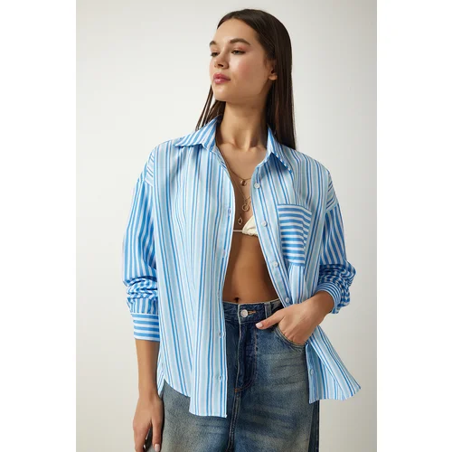  Women's Sky Blue Striped Oversize Cotton Woven Shirt