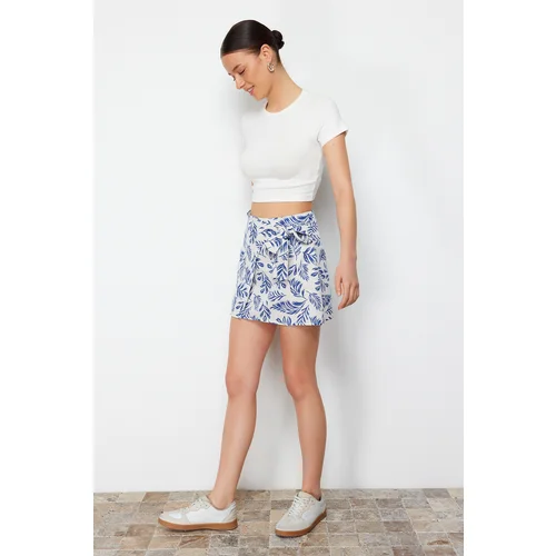 Trendyol Navy Blue Patterned Double Breasted Mini Length Woven Skirt with Tie Detail