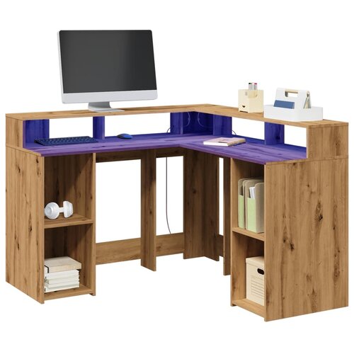 vidaXL Radni stol s LED svjetlima boja hrasta 130 x 130 x 91 cm drveni Cijene