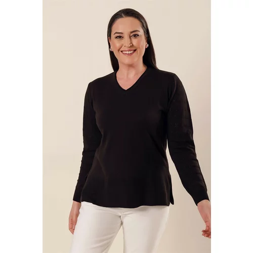 By Saygı V-Neck With Sleeves Patterned Slits in the Sides Plus Size Acrylic Sweater Black