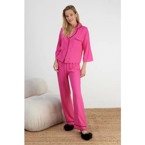 Trendyol Fuchsia Pile Shirt-Pants Woven Pajamas Set
