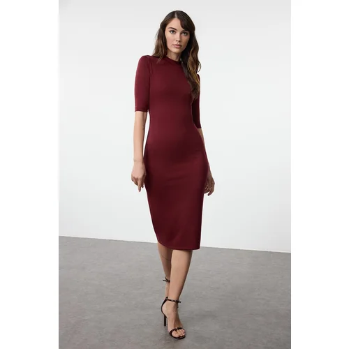 Trendyol Burgundy Stand Collar Bodycone/Fits the Body Three Quarter Sleeve Midi Knitted Dress
