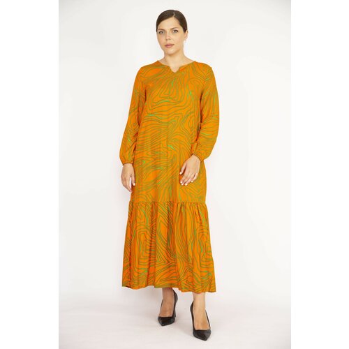 Şans Women's Orange Plus Size Woven Viscose Fabric Tiered Long Sleeve Dress Slike