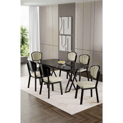 Hanah home trpezarijski set Flori, sto i 6 stolica, ploča u dekoru crnog mermera, krem tkanina Babyface Cene