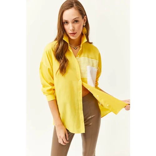 Olalook Women's Yellow Pocket Detailed Oversize Woven Shirt