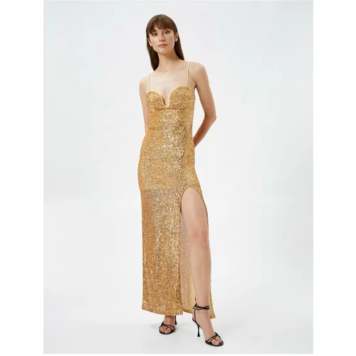 Koton Sequined Evening Dress Long Length Sweetheart Neck Thin Straps