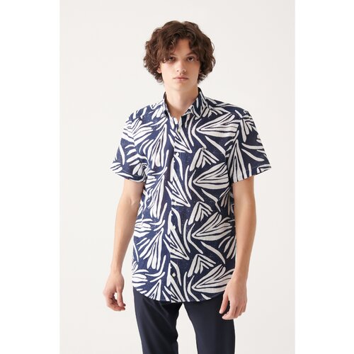 Avva Men's Navy Blue 100% Cotton Classic Collar Printed Short Sleeve Standard Fit Regular Cut Shirt Slike