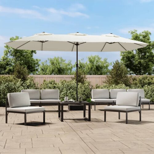 VidaXL Dvostruki suncobran s LED svjetlima pje&amp;scaron;čano bijeli 449x245 cm Slike