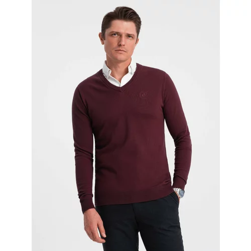 Ombre Men's sweater with a "v-neck" neckline with a shirt collar - maroon