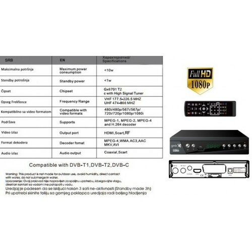 Gembird GMB-TDT-033 **DVB-T2/C SET TOP BOX USB/HDMI/Scart/RF-out, PVR, Full HD,H264, hdm Slike