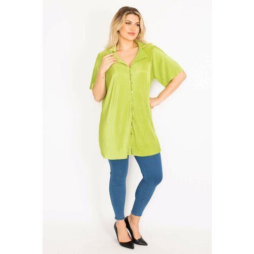 Şans Women's Plus Size Green Front Buttoned Blouse Slike