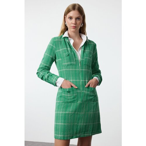 Trendyol Green Plaid Zipper and Pocket Detailed Tweed Woven Dress Cene