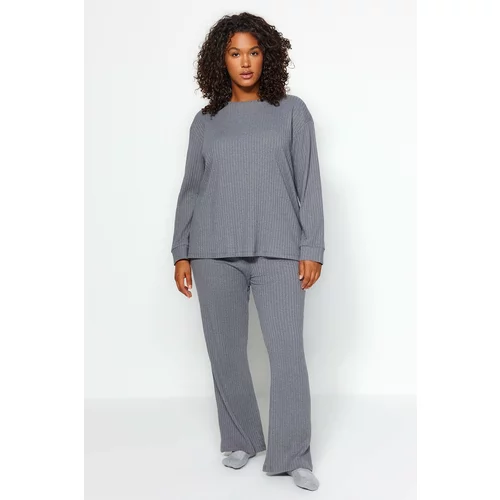 Trendyol Curve Anthracite Corduroy Knitted Top-Upper Set