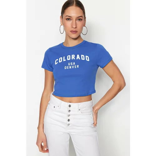 Trendyol Saks 100% Cotton Slogan Printed Fitted/Skinned Crop Crew Neck Knitted T-Shirt