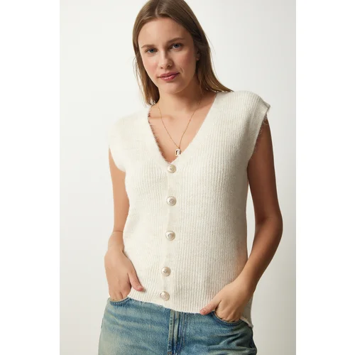 Happiness İstanbul Women's Cream Metal Buttoned Woolen Knitwear Vest