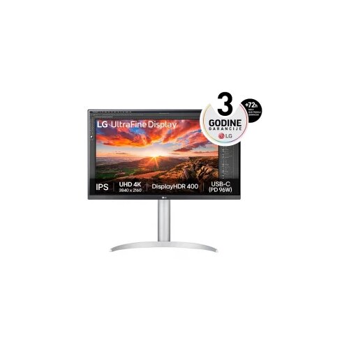 LG 27” UltraFine IPS 4K UHD 3840x2160@60Hz, 16:9, 1200:1, 5ms, 400 cd/m², 178º/178º, HDR 10, 2 HDMI, 1 DP, 1 USB-C, 2 USB Downstream Port 3.0, 5W x 2, VESA 100x100 mm, Height, Pivot, Tilt, Black/silver, 3yw Cene