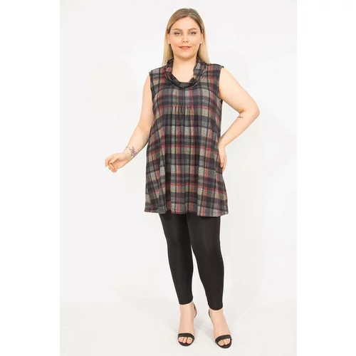 Şans Women's Colorful Plus Size Checkered Chest Ribbed Stitched Lycra Tunic